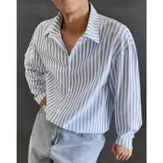 Camisa Casual de Manga Longa Urbana Estilo Colorido, com Gola de Arte Listrada Azul e Branca