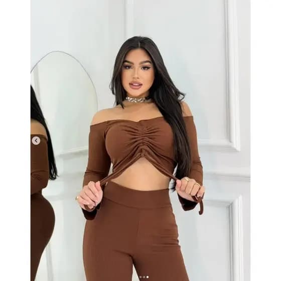 Conjunto Feminino Calça Legging + Cropped Manga Longa Franzido Amarração Anarruga Lançamento Inverno