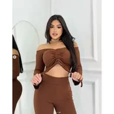 Conjunto Feminino Calça Legging + Cropped Manga Longa Franzido Amarração Anarruga Lançamento Inverno