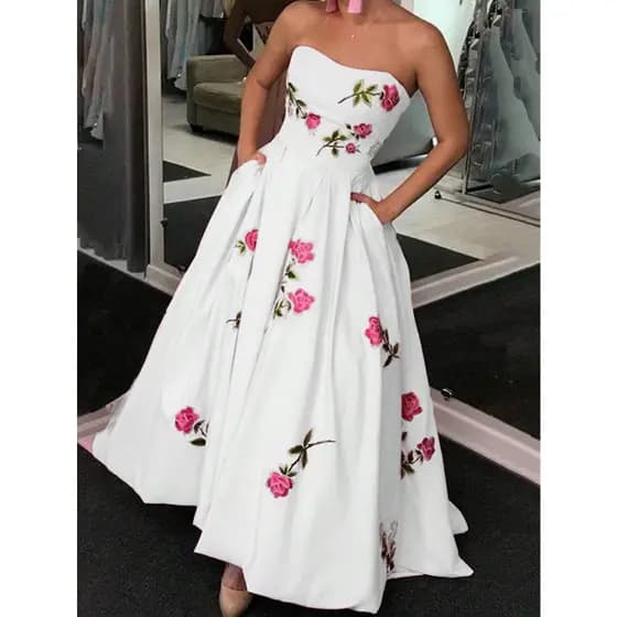 Vestido elegante sem alças para mulheres, de verão em A com estampa floral de rosa e bolsos, comprimento até o joelho