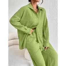 Sólido Ombro caído Camisa & Calças pernas largas