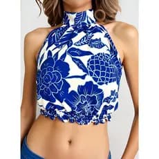kit2  por pedido. Blusa de tricô de manga curta com estampa floral, modelo halter, ideal para férias