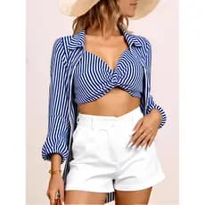 Conjunto de Top e Camisa Feminina de Listras com Estilo Kimono para Todas as Estações