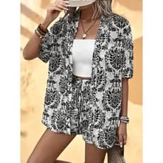 Conjunto estilo praia Camisa feminina de verão + shorts com estampa de plantas tropicais