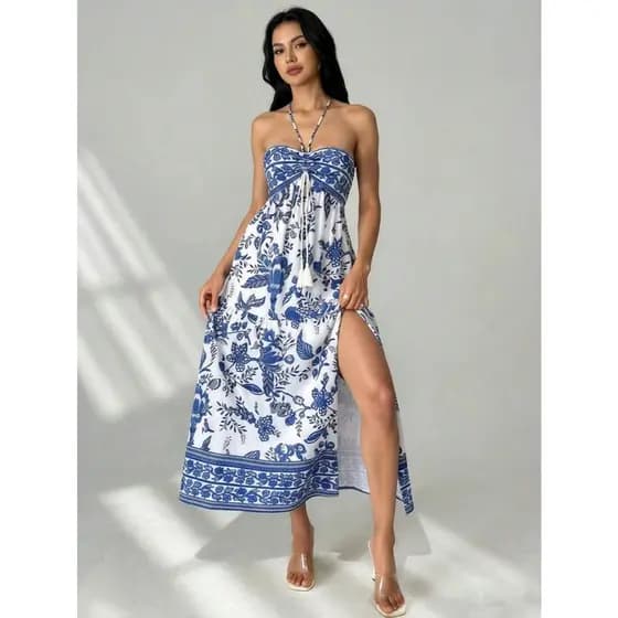 Vestido Longo de Verão com Alça Fina Luxuoso para Férias Vestido de Praia Estilo Boêmio