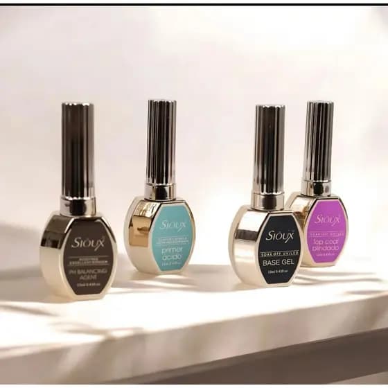Preparadores Sioux Premium 12ml – Linha Profissional Completa Top Coat Base PH e Primer Ácido - 4 UNIDADES