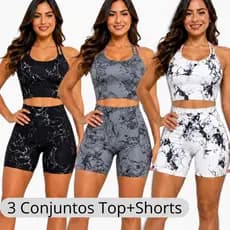 3 Conjuntos Marmorizado Top Bojo Removível + Short Cintura Alta Tie Dye Roupa Academia Fitness