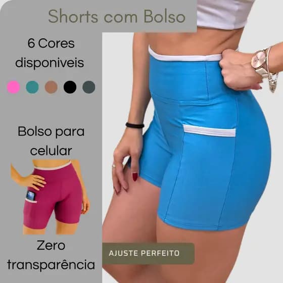 Shorts Shortinhos Due Line Academia bolso Feminino Detalhe Bicolor Cintura Alta Zero Transparência
