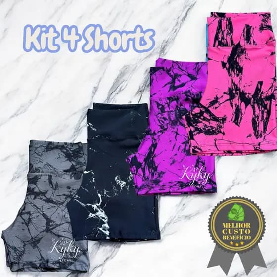 Kit Shorts Bermuda Fitness Marmorizado Roupa Academia Cintura Alta Feminino Tie Dye Zero Transparenc