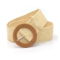 Cinto feminino de palha natural com fivela redonda faixa elegante para vestidos