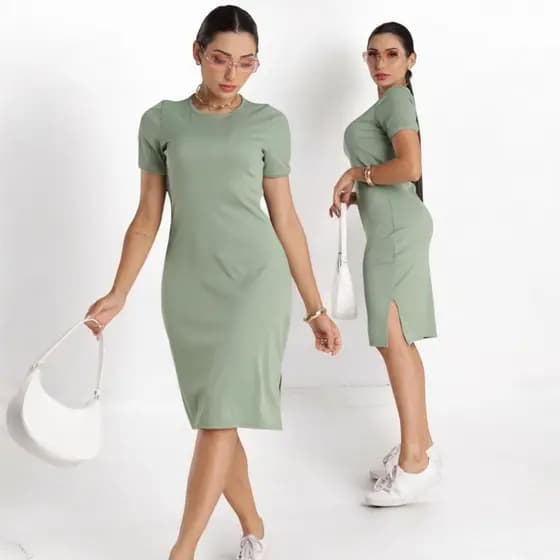 Vestido Feminino midi tubinho malha Ribana com Fenda Lateral Manga Curta Confortável Casual Elegante