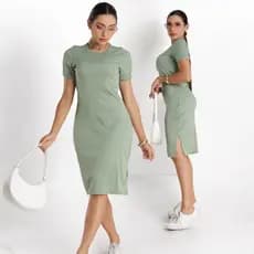 Vestido Feminino midi tubinho malha Ribana com Fenda Lateral Manga Curta Confortável Casual Elegante