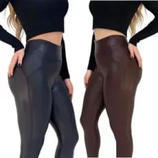 Calça Legging Cirré Feminina Cintura Alta Efeito Couro Justa e Modeladora Suplex Cirré Brilhante