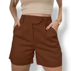 Short Feminino Linho Cintura Alta Com Forro Elegante Casual Bolso