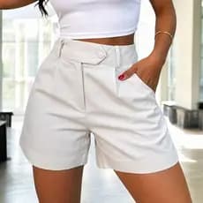 Short Linho Feminino Com Forro Cintura Alta Bolsos Confortável Casual