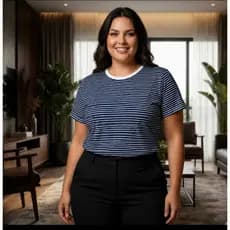 Camiseta Blusa Tshirt Listrada Gola Redonda em Malha de Algodão Plus Size