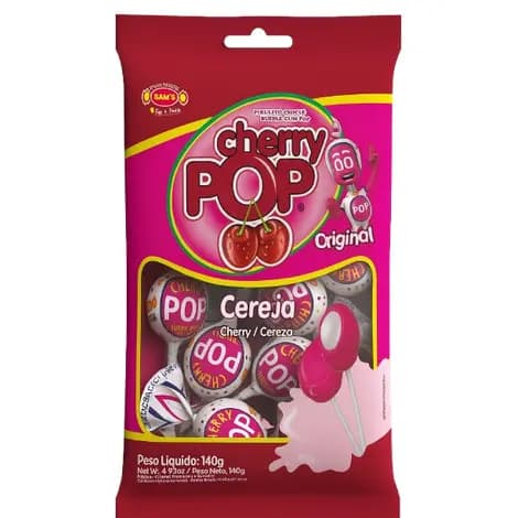 Pirulito Cherry Pop Cereja Recheio Chiclete c/10 - Sams