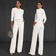 Conjunto Feminino Moletinho Blusa Cropped com capuz Calça Pantalona Cintura Alta Look Inverno Casual