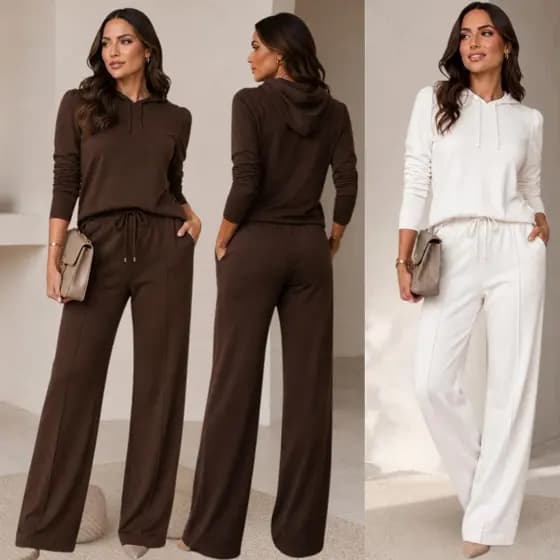 Conjunto Moletinho Wide Leg Inverno Blusa capuz Manga Longa e Calça Pantalona Elegante