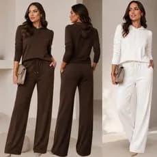 Conjunto Moletinho Wide Leg Inverno Blusa capuz Manga Longa e Calça Pantalona Elegante