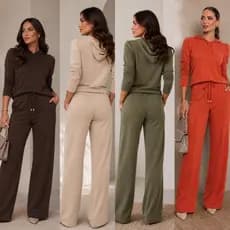 Conjunto feminina Wide Leg Moletinho Premium Calça Pantalona Com Bolso Blusa Manga longa com capuz
