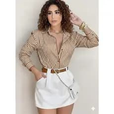 Camisa Social Feminina Listrada Manga Longa Elegante – Blusa para Trabalho e Look Casual Chic 2026