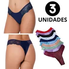 Kit 3 Calcinhas de Renda na Lateral Tanga Feminina