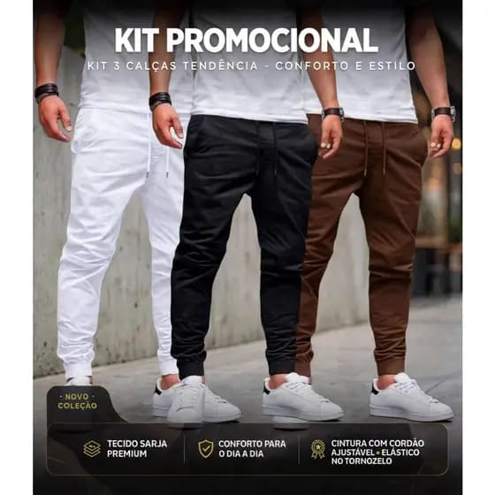 Kit 3 Calças Jogger Sarja Branca Caqui Preto Moda Homem Estiloso
