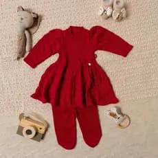 Conjunto Vestido Calça Pingente Perola Récem Nascido Tricô Infantil Bebê Menina RN