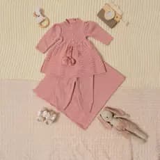 Conjunto Vestido Calça Manta Pom Pom Récem Nascido Tricô Infantil Bebê Menina Tricot RN