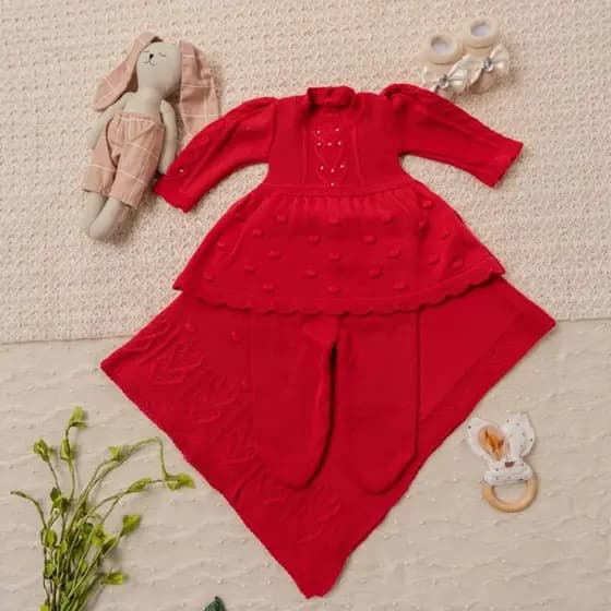 Conjunto Vestido Calça e Manta Perola Récem Nascido Tricô Infantil Bebê Menina Tricot RN