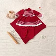 Conjunto Vestido Calça e Manta Lacinho Récem Nascido Tricô Infantil Bebê Menina Tricot RN