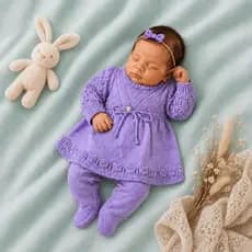 Conjunto Bebê Menina Tricot Vestido Laço Pérola Calça Premium Saída Maternidade RN