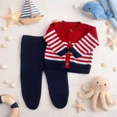 Conjunto Casaquinho Listrado Bebe Menino Recém Nascido Trico Tricot RN