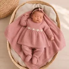 Conjunto Tricot Bebê Menina RN Tricô Vestido Bordado Floral Vestido + Calça + Manta Recém-Nascido
