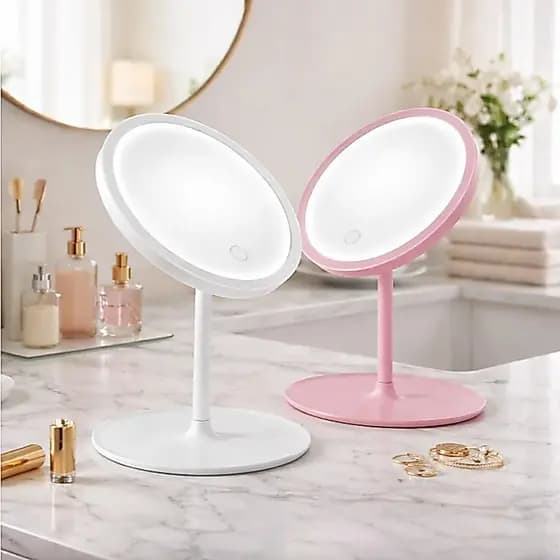 Espelho Redondo Com LED Touch Para Maquiagem 3 Cores De Luz De Mesa Articulado USB Recarregável