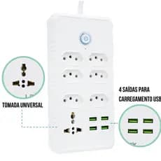 Extensão Elétrica 7 Tomadas Bivolt Universal C/ 4 Usb Cabo 2m -a Régua Filtro de Linha 10A
