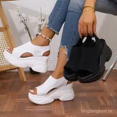 Sapatos de Verão Populares Novo Estilo Boca de Peixe Malha Plataforma de Fada Salto Alto Wedge Flying