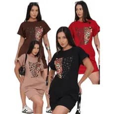 Vestido Curto Feminino Manga Curta Japonesa Estampa Onça Casual