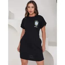 Vestido Feminino Curto Estampa Brasil Manga Curta com Bolso Confortável Tendência 2026