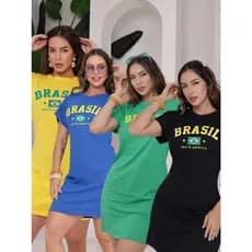 Vestido Feminino Brasil Curto Manga Curta com Bolso Casual Confortável Estampa Brasil Moda Verão