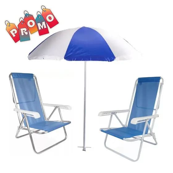 Kit  1 Guarda Sol Gigante 1,80 Metros + 2 Cadeiras De Praia Piscina Em Alumínio Reforçada 8 Posições