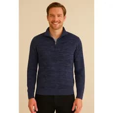Jaqueta Masculina Diâmetro Tricot Algodão – Meio Zíper, Gola Alta, Azul Marinho