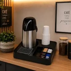 Kit Cantinho do Café Garrafa Térmica Inox 1L + Bandeja Organizadora Sachês Cozinha Escritório e Chás