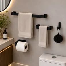Kit 4 Acessórios para Banheiro Lavabo Toalheiro Inox de Parede Suporte Cabideiro Moderno Luxo Preto