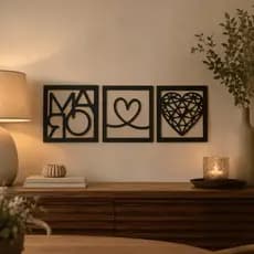 Quadros Decorativos Mãe MDF Preto 3mm Kit 3 Peças Coração Minimalista Para Sala Quarto