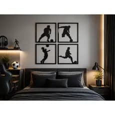 Quadros Futebol Jogadores Kit 4 Peças MDF Preto 3mm Para Quarto Sala Área Gamer Parede