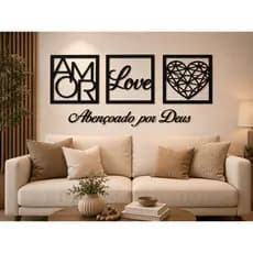 Kit Decorativo Mãe Love Coração E Frase Abençoado Por Deus MDF Preto 3mm Para Quarto Sala Parede Moderno