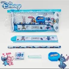 Material Escolar Infantil 5 Peças  – Stitch, Hello Kitty ou Homem-Aranha | Boracha, Régua e Lápis / Kit