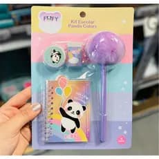 Kit Escolar FOFY Panda Colors - Caderno + Caneta Pompom + Borracha + Apontador